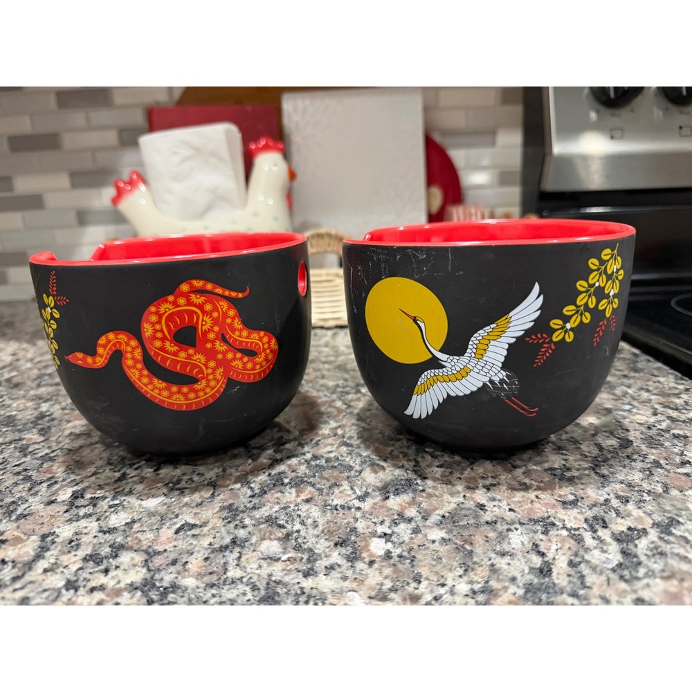 Ten Acre Gifts Ceramic Ramen Bowls Set of 2 Black Red Snake Crane Graphic 5in